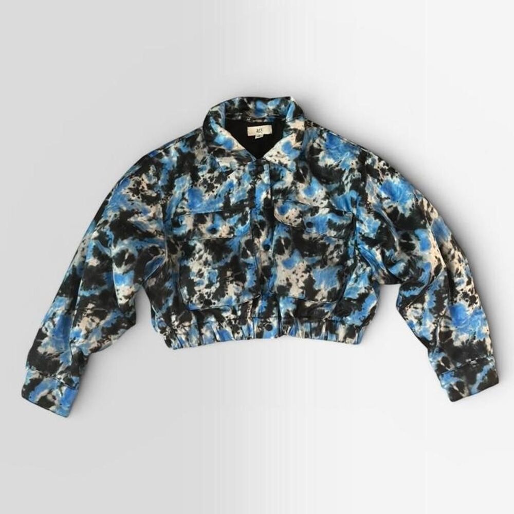 Tie Dye Acid Wash Blue Cropped Jacket Alien UFO Graphic Rave Festival Y2K L